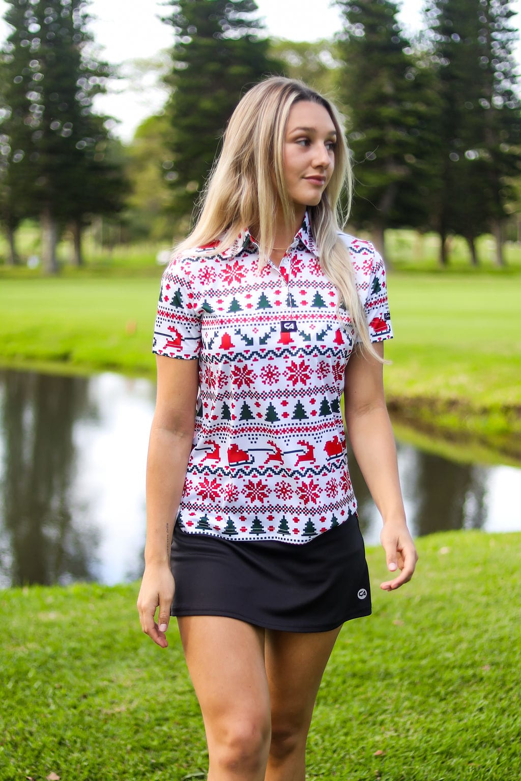 CA Ladies Funky Golf Shirt | Santa Is Coming