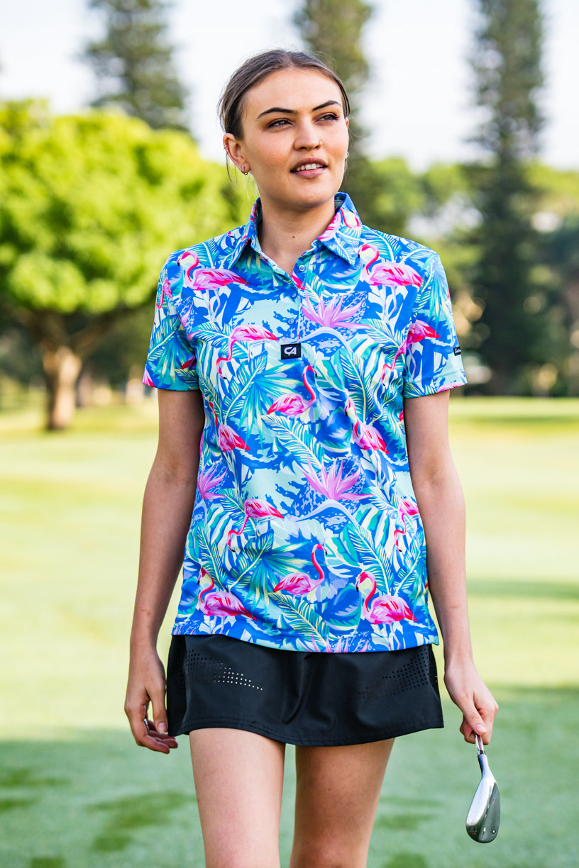 CA Ladies Funky Golf Shirt | Pastel Dazzle Flamingos – Custom Apparel